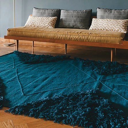 Teal Blue Wool Tufted Rug