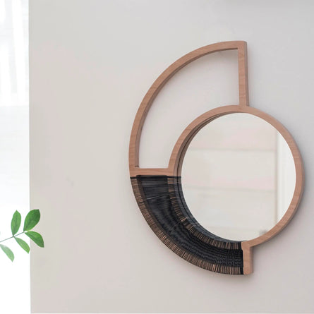 Woven Natural Wood Wall Mirror - Black Cord